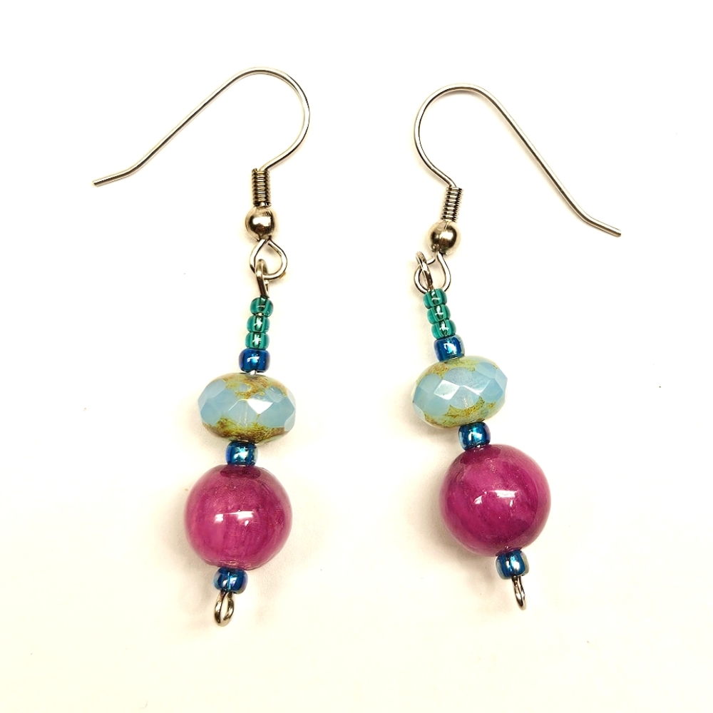 Pink and Aqua Beaded Stone Earrings